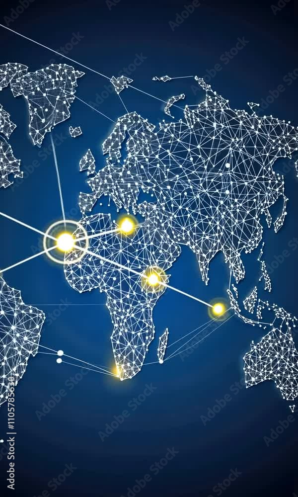 Poster map representing global connectivity with illuminated nodes and lines, showcasing how regions interl