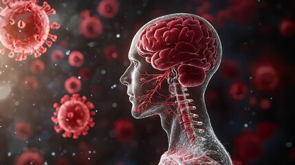 A digital representation of a human head with a brain, surrounded by virus particles, illustrating the connection between the mind and pathogens.