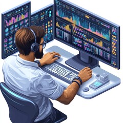 Fototapeta premium A person analyzing data on multiple computer screens in a modern workspace.