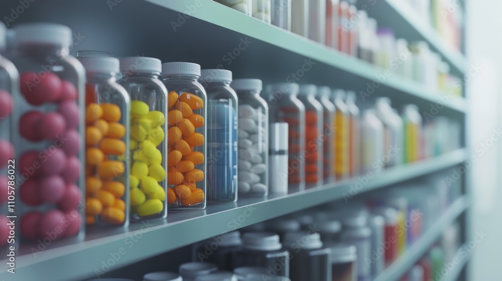 Poster shelf full of colorful pills and bottles. the bottles are arranged in rows and the pills are in diff