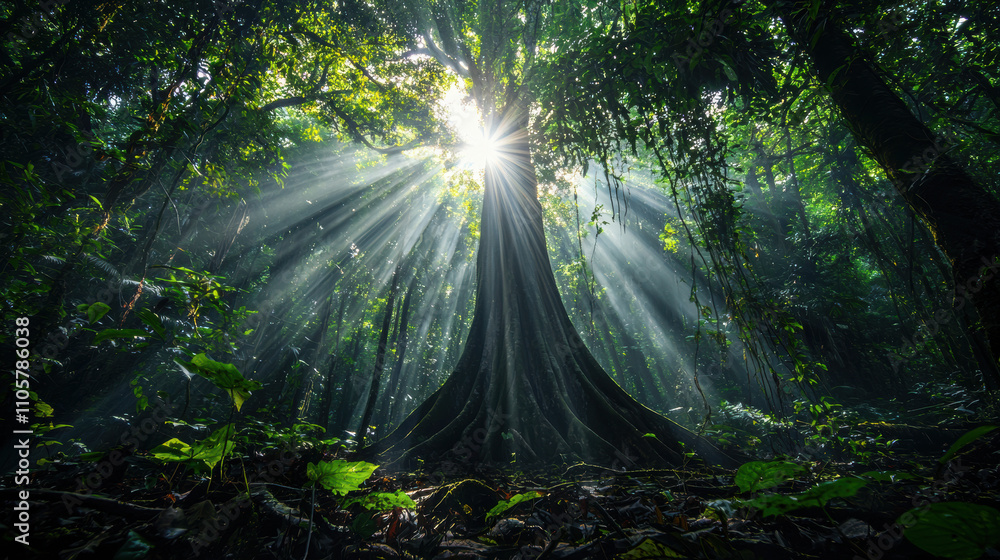 Aufkleber high resolution image of dense rainforest with sunlight filtering through trees, creating serene and