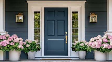 Charming Front Door with Small Square Windows and Flower Pots