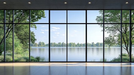 Naklejka premium Modern black aluminum swing doors with expansive windows showcasing panoramic nature scenery.
