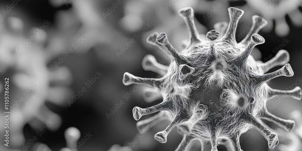 Poster close up of a virus with a fuzzy appearance. the virus is surrounded by a blurry background