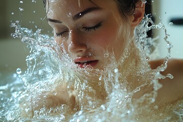 Obraz premium Young caucasian female immersed in dynamic splash of water with eyes closed