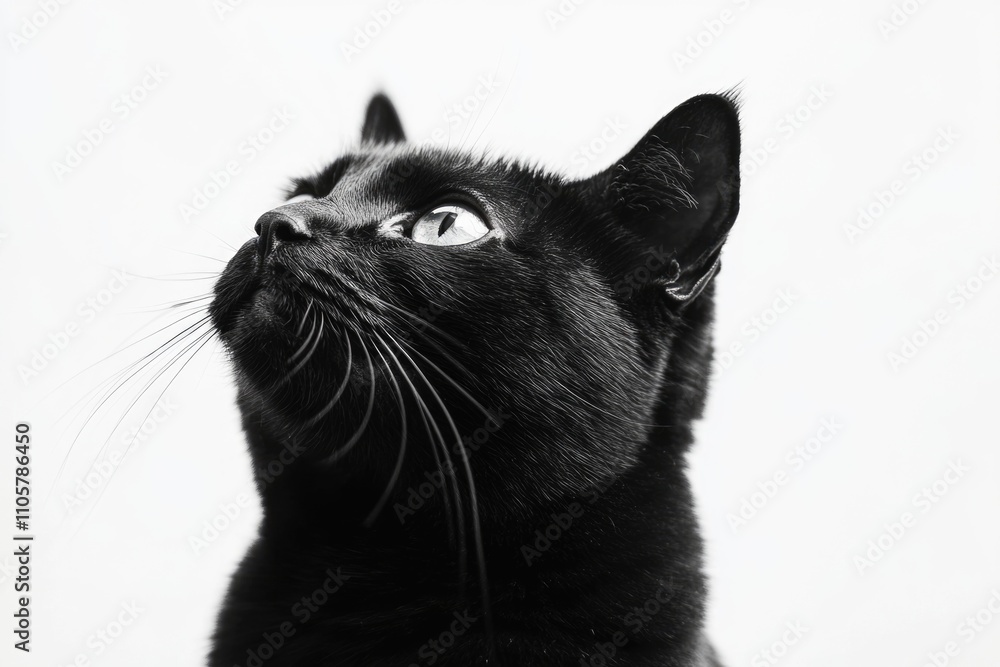 Poster black cat with its head tilted to the side. the cat is looking up at something. the image has a mood