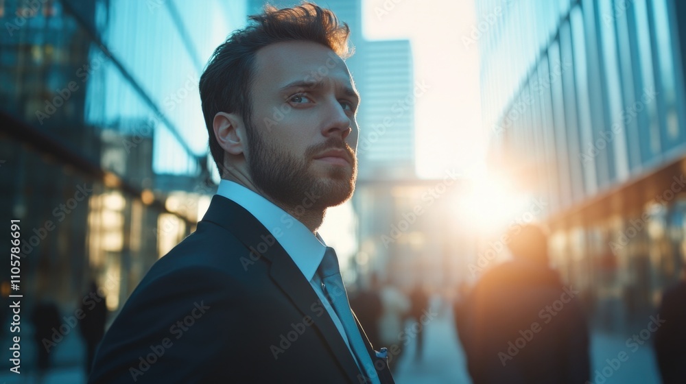 Poster man in a suit and tie stands in front of a building with a bright sun in the background
