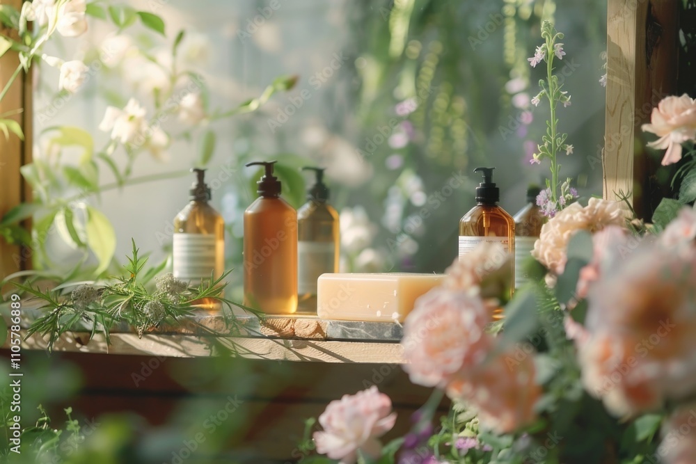 Poster display of various bottles of lotion and soap on a table next to a vase of flowers