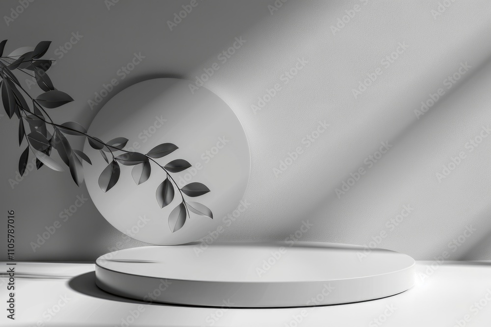 Poster white pedestal with a leaf on it. the pedestal is empty and the leaf is the only object on it