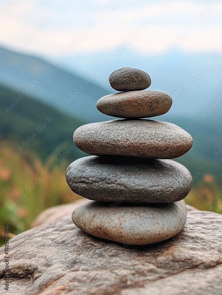 Poster stack of rocks on a mountain. the rocks are of different sizes and are arranged in a pyramid shape. 