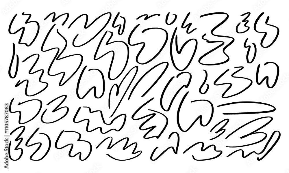 Poster lots of smooth hand drawn doodles of various shapes and sizes. doodles and squiggles. vector set