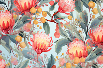 A blossomed colorful eucalyptus flowers seamless botanical pattern on light beige background, for textiles, wallpapers designs.