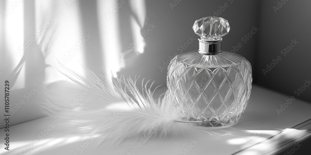 Poster bottle of perfume is sitting on a table next to a feather. the bottle is clear and has a diamond-sha