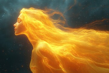 Ethereal female with fiery hair in a cosmic setting