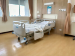 Blur image of Hospital bed in a luxurious and modern patient room. The atmosphere is clear and you can see the surrounding view