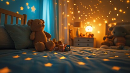 Childs room with starry nightlight projector and soft toys
