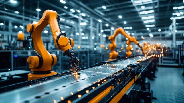 Mechanized Industry Robot and Robotic Arms in Factory Assembly Line. Concept for Industrial Revolution and Automation in Manufacturing.