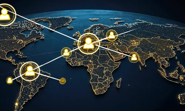 A dynamic representation showcases illuminated global connections, emphasizing digital interaction points across various regions at night