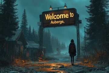 Lone traveler approaching mysterious auberge sign at night in rainy forest