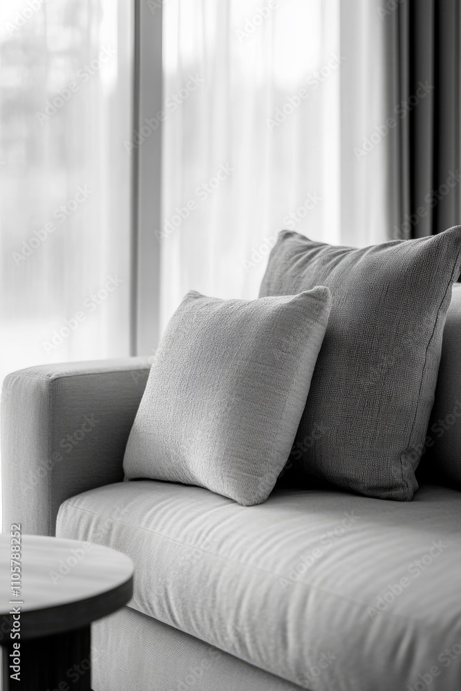 Poster couch with two pillows on it and a table in the background. the couch is white and the pillows are g