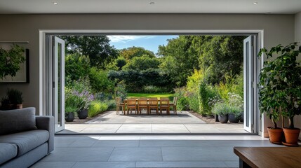 Scenic Summer Garden View Through Stylish Bifold Doors from Designer Room with Patio