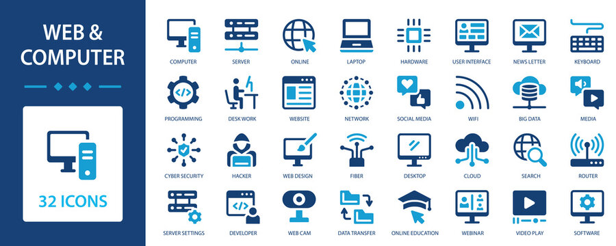 Internet and computer flat icons collection. Internet, web page and computer for viewing, using and creating them.