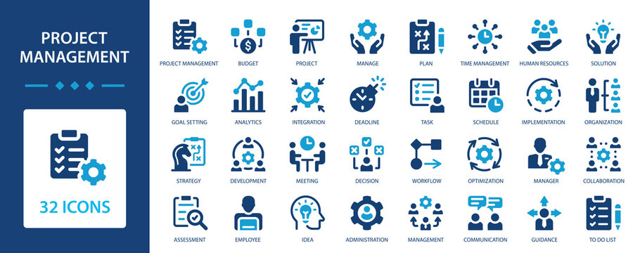 Project management flat icon collection. Effective project and time management.