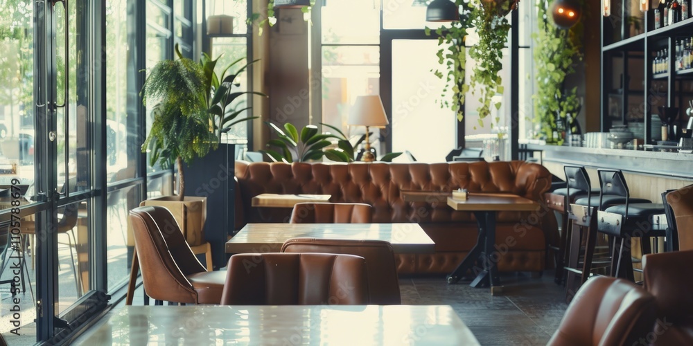 Poster restaurant with a brown couch and a few chairs. the chairs are arranged around tables and the tables