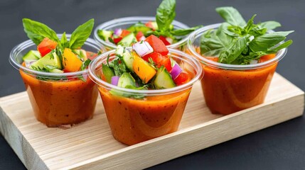 Four cups of vibrant, fresh vegetable salsa with herbs, served on a wooden tray, perfect for snacks or appetizers.