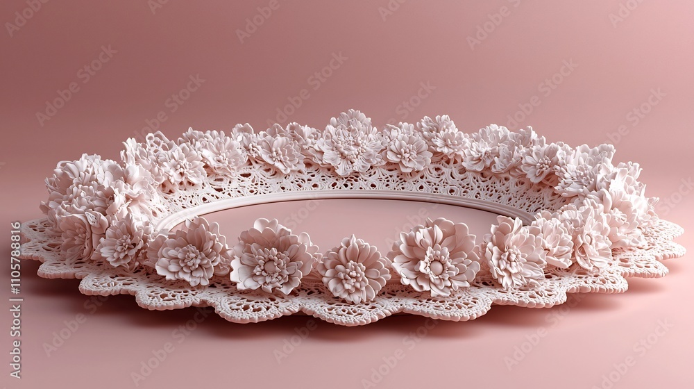 Poster delicate lace frame with intricate patterns floating on soft pink background for romantic or vintage