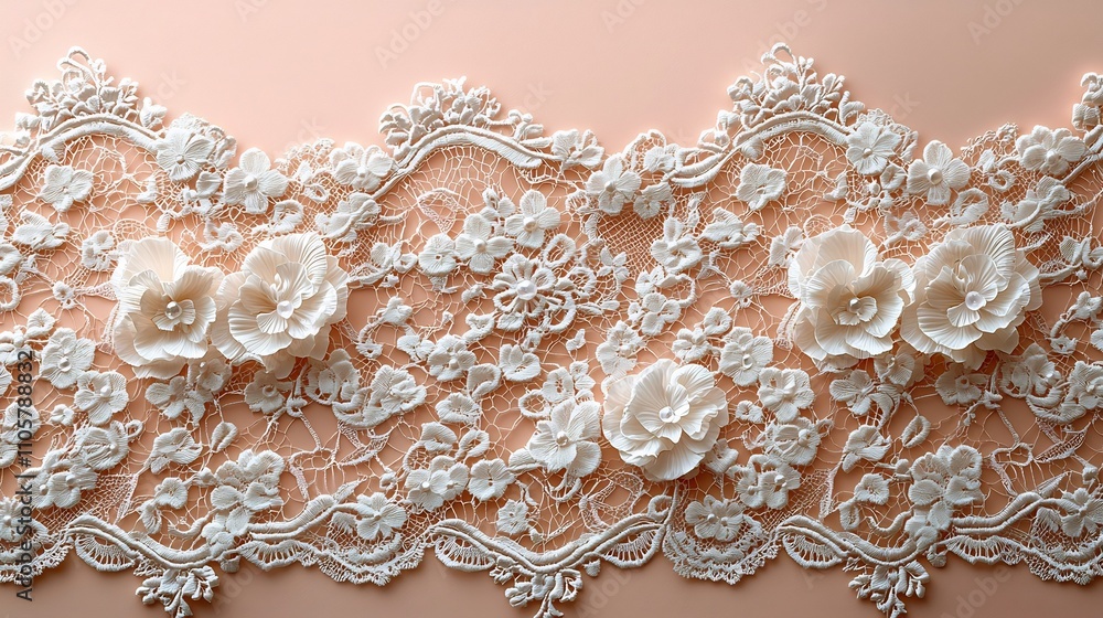 Poster delicate lace frame with intricate patterns floating against soft pink background for romantic desig