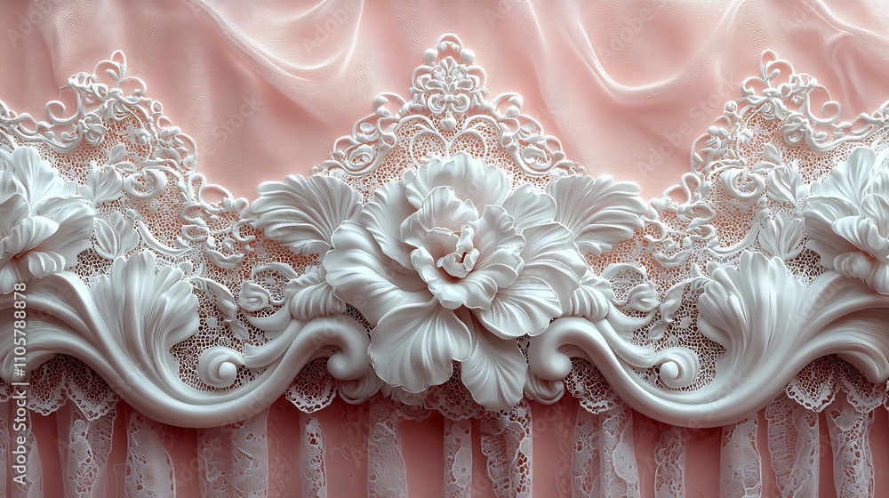 Poster delicate lace frame with intricate patterns floating against soft pink background