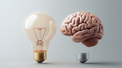 Creative ideas for merging technology and intelligence conceptual brain and light bulb visualization in a modern environment