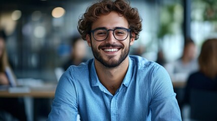 Fototapeta premium Confident HR Agent Collaborating Online with Colleagues: Portrait of Enthusiastic White Man Working in Modern Bright Office