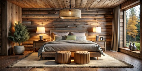 Natural Log Lampshade in Rustic Modern Bedroom - Cozy Interior Design, Warm Lighting, Organic Decor, Inspiring Bedroom Aesthetics, Tranquil Atmosphere, Contemporary Rustic Style