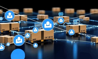 Demonstration of a modern logistics network featuring packages connected by digital symbols representing technology and tracking - Powered by Adobe