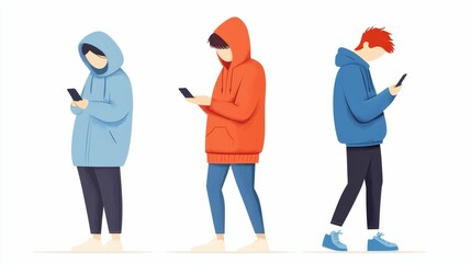 Fototapeta premium cyberbullying privacy concept, Three individuals in hoodies are engaged with their smartphones, showcasing modern youth culture and technology use.