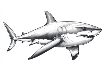 Obraz premium Detailed pencil sketch of a great white shark, swimming gracefully.