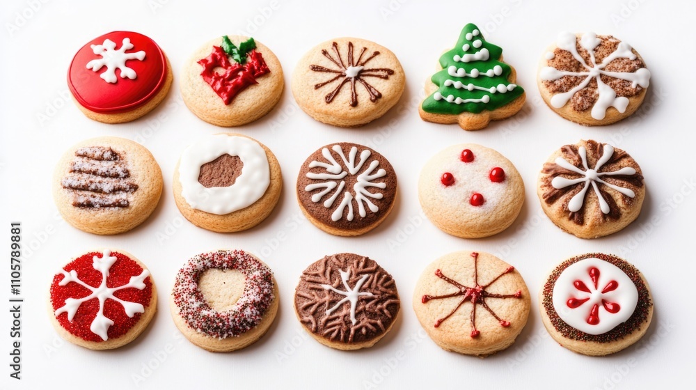 Aufkleber row of christmas cookies with various designs and colors. the cookies are decorated with icing and s