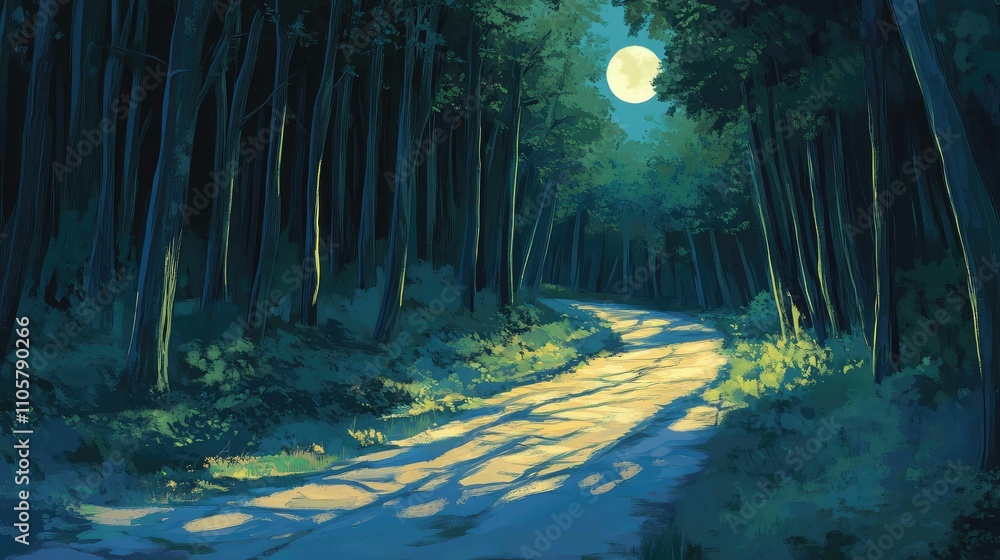Poster moonlit path through a forest with tall, dark trees casting long shadows and the trail glowing faint