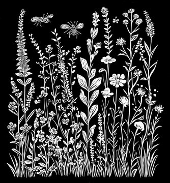 Intricate black and white botanical illustration featuring blooming wildflowers and bees, showcasing nature's beauty and pollination in detailed line art
