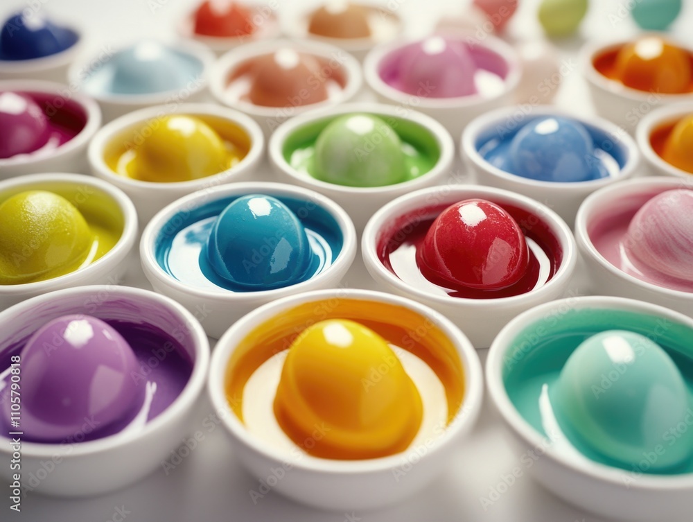 Aufkleber row of colorful bowls filled with different colored eggs. the bowls are arranged in a rainbow patter