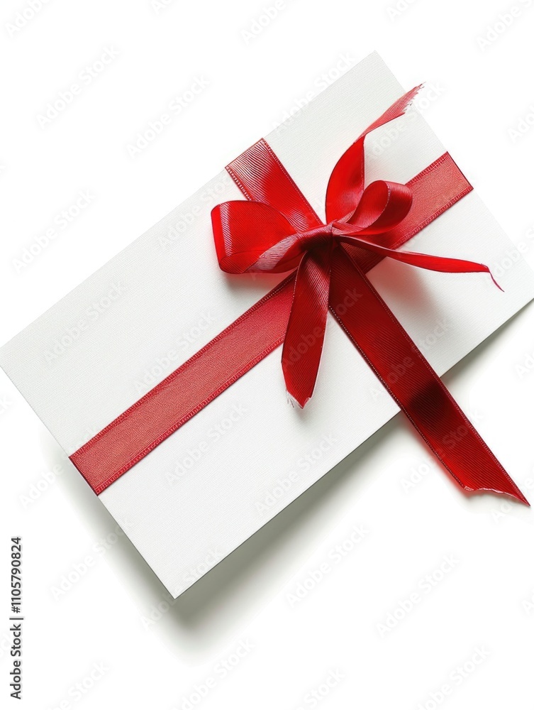 Aufkleber white card with a red ribbon tied in a bow is the focus of the image. the ribbon is tied in a neat b