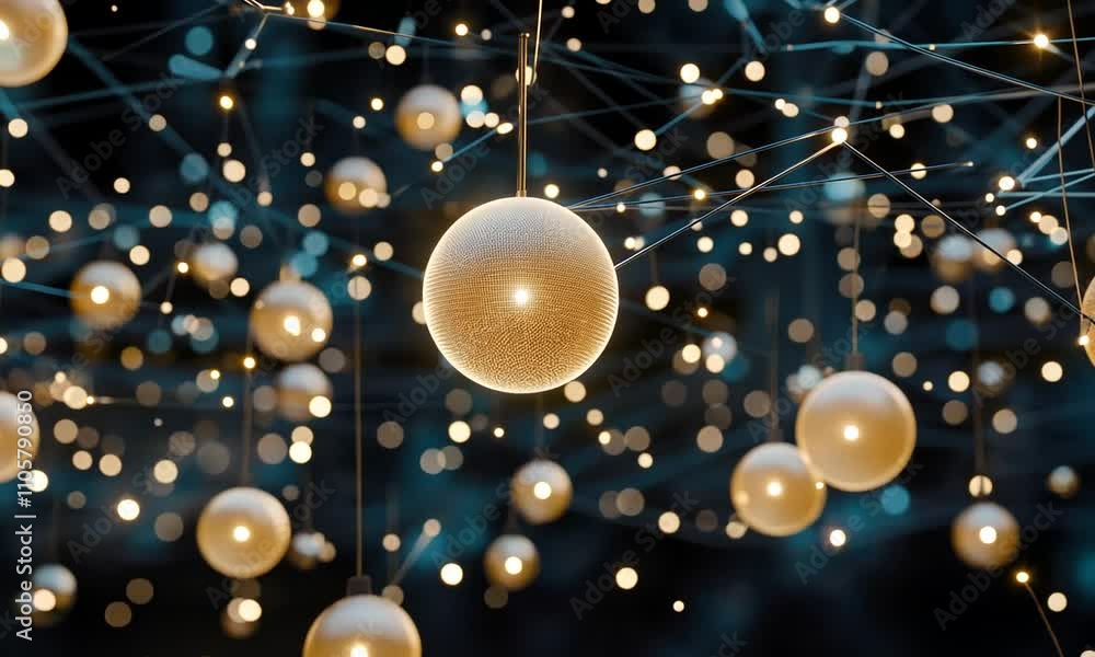 Poster glowing spheres of light hang in the air, creating a magical atmosphere with twinkling reflections a
