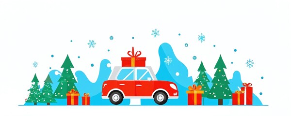 Obraz premium Festive red car transporting gifts among snowflakes and Christmas trees for a cheerful holiday celebration