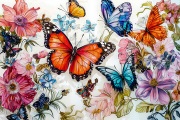 A vibrant collection of butterflies in vivid orange and blue hues flying among detailed, colorful flowers in full bloom