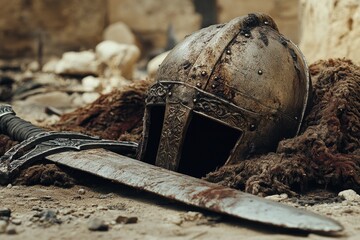 Ancient medieval helmet and sword on battlefield ground