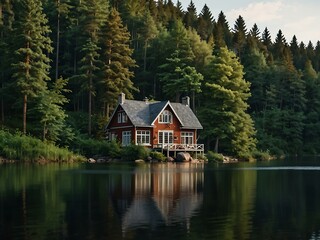 Fototapeta premium Cottage by a large lake in a forest area.
