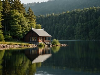 Fototapeta premium Cottage by a large lake in a forest area.