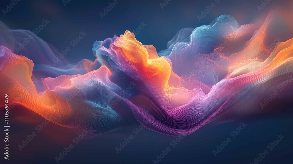 Poster multicolored light trails in soft, flowing motion, forming a cloud-like shape in the center of the f